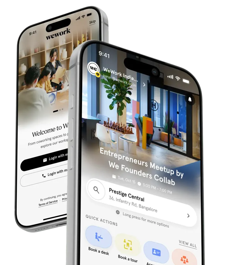 WeWork India app — onboarding and booking screens on two phones